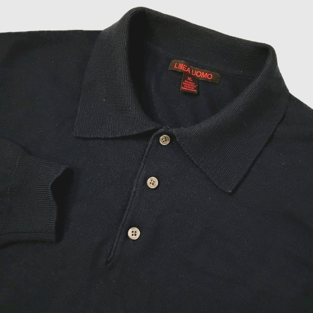 Linea Uomo Polo Sweater Mens XL Blue Wool Blend Long Sleeve Collared Preppy